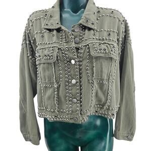 Before You With Love Olive Green Studded Bedazzled Crop Denim Jacket M 3859